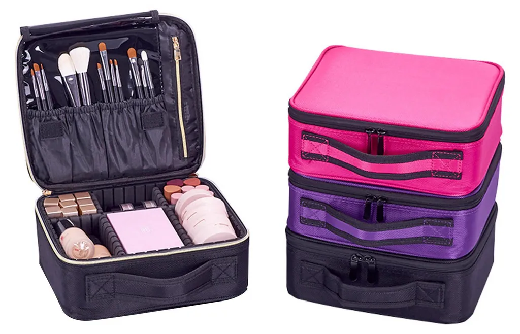 Trousse de maquillage à 6 compartiments modulables et porte-éponge