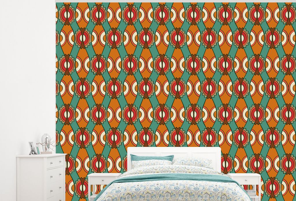 MuchoWow Fototapete für Wohnzimmer oder Schlafzimmer Wandtapete Vinyl Motivtapete Design - Retro - Orange - Abstrakt - 375x300 cm - Tapezierpapier