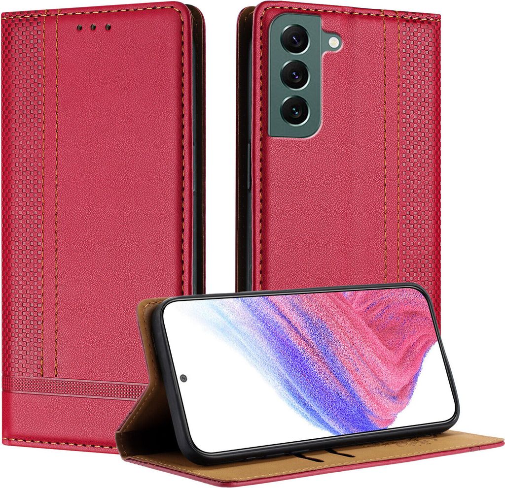 Handyhülle für Samsung Galaxy S22+ 5G Leder Flip Klappbare Schutzhülle mit Standfunktion Rot