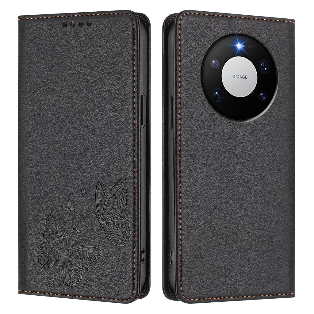 Lederhülle für Huawei Mate 80 Pro, Schmetterling Prägung Leder Brieftasche Schutzhülle mit Ständer Schwarz