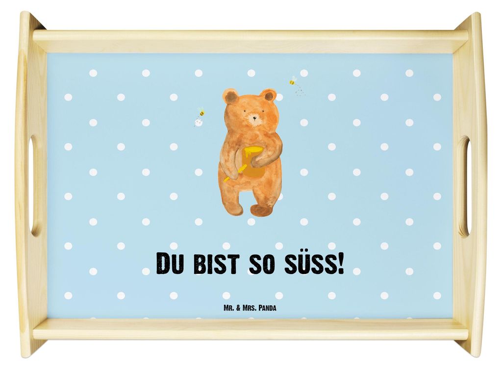 Mr. & Mrs. Panda Tablett Bär Honig - Blau Pastell - Geschenk, Liebe, holz serviertablett, Dekotablett, Tee, Freund, Teddy, Partner, Holztablett
