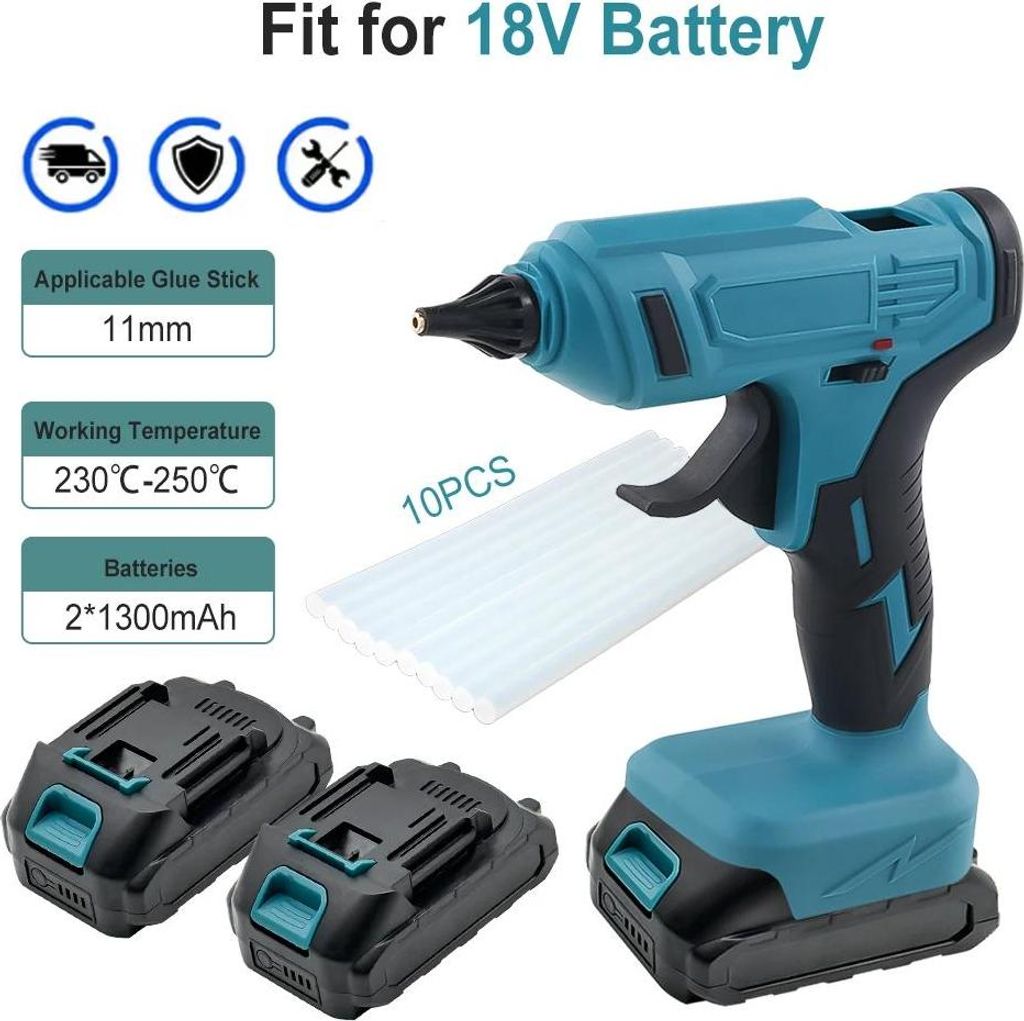 Heißklebepistole - Akkubetrieben 100 W - Schnelles Aufheizen - Für 11 mm Klebesticks - Mit 2 Akkus - EU-Stecker