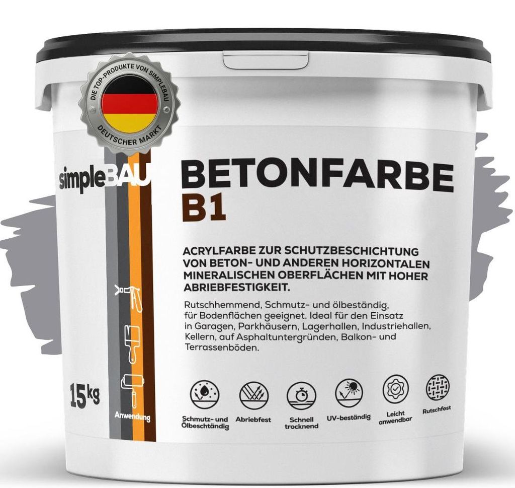 simpleBAU Betonfarbe B1 Grau 15 Kg, Garagenbodenbeschichtung, Betonfarbe Außen Frostsicher