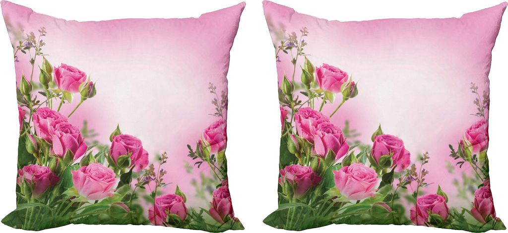 ABAKUHAUS Blume Kissenbezug Set (2Stück), Frühlingszeit-Zeit-Rosen mit Blättern und Knospen mit rosa Ombre-Atmosphären-Bild, 45 x 45 cm, Rosa u...