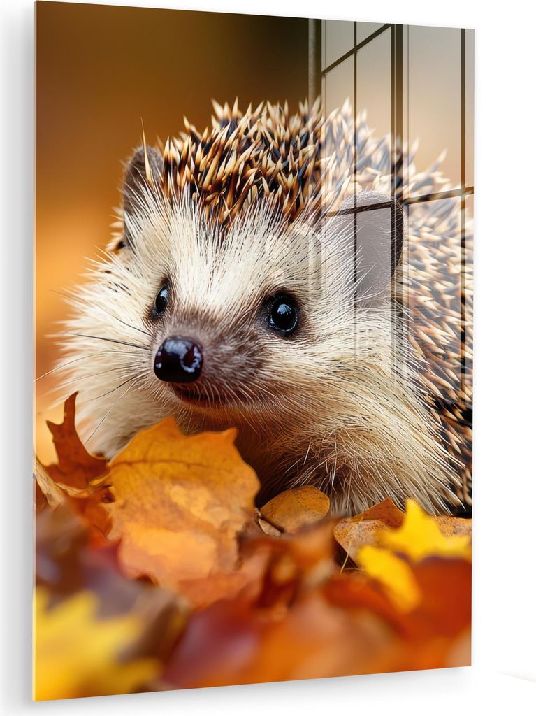 MuchoWow Glasbilder - Bilder auf Wandbild - Foto auf Glas Igel - Wald - Herbstblätter - Herbst - Waldtiere - Natur 30x40 cm Wanddekoration aus Gla...