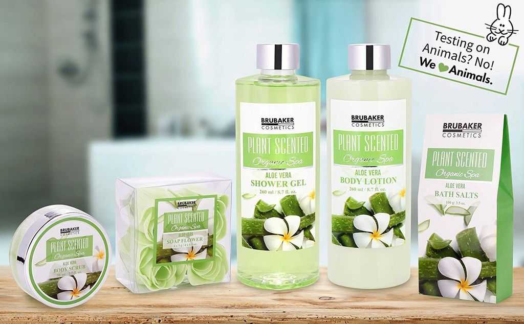 BRUBAKER Cosmetics Bade- und Dusch Set Aloe Vera - 7-teiliges Geschenkset in dekorativer Wanne