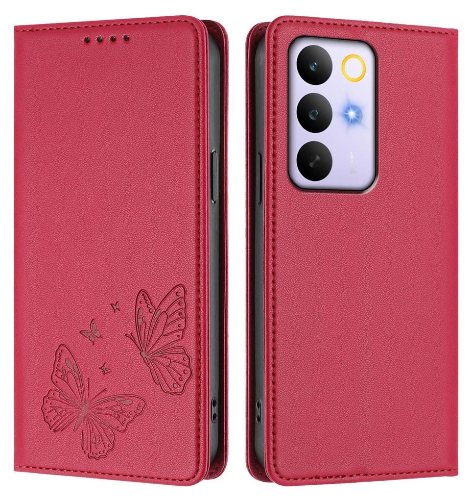 Lederhülle für Realme C85 5G, Schmetterling Prägung Leder Brieftasche Schutzhülle mit Ständer Rot