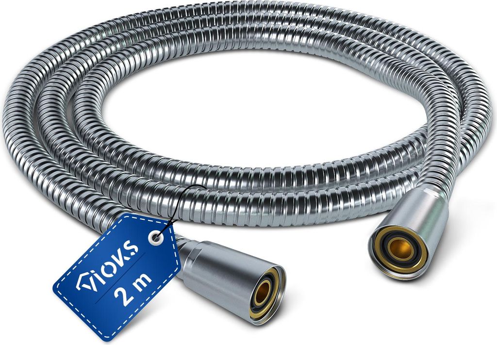 A coiled silver shower hose with metal connectors on a white background.