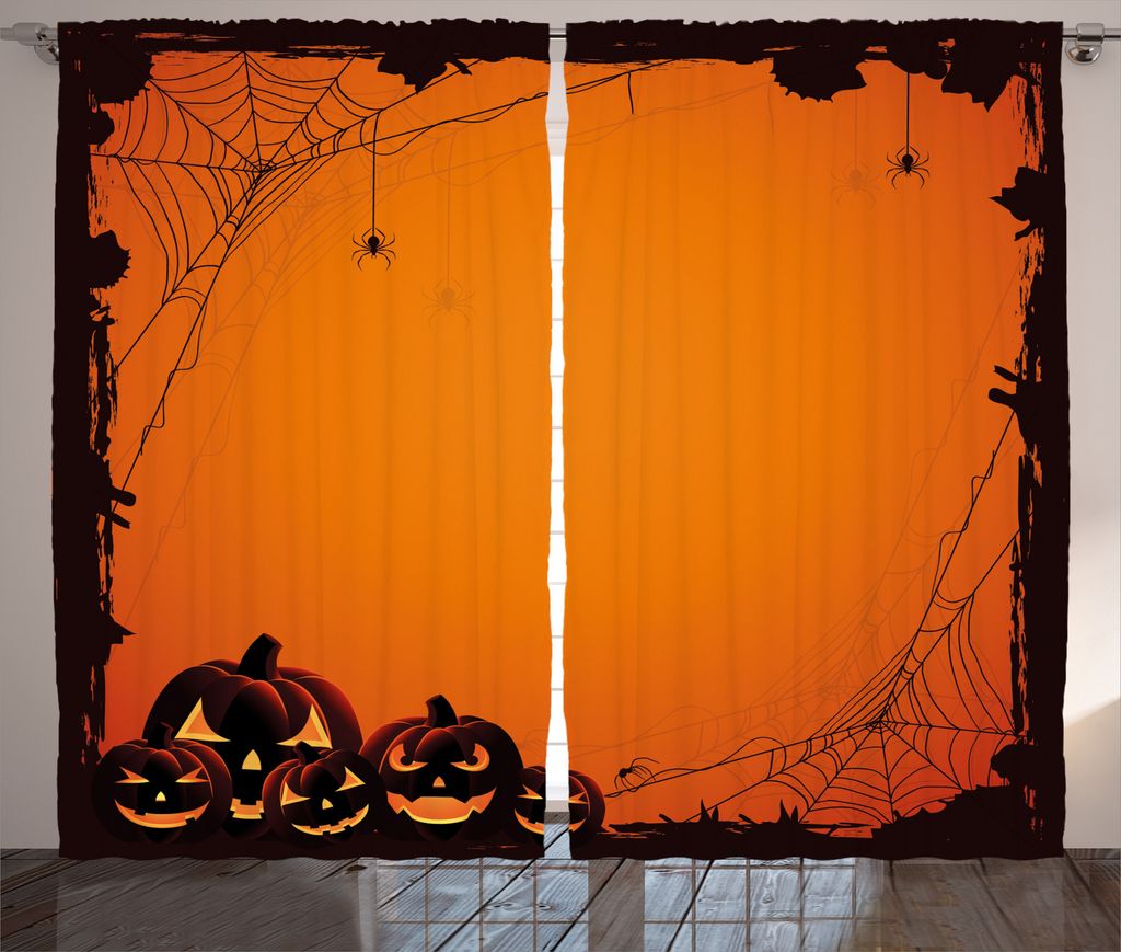 ABAKUHAUS Orange Rustikaler Gardine, Halloween Kürbis Scary, Schlafzimmer Kräuselband Vorhang mit Schlaufen und Haken, 280 x 225 cm, Siegel Braun...