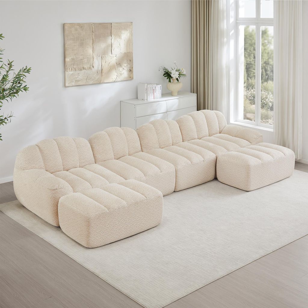 Modulares U-Form Sofa 4-Sitzer, 2 Ottomans, Muschelform, Boneless, 32D Hochdichtschaum, tiefe Sitzfläche, weicher Stoff, Wohnzimmer