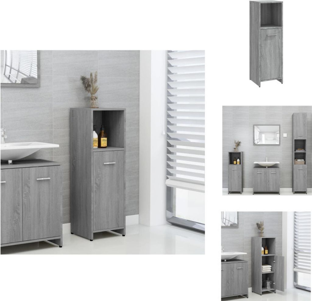 A collage of images showing a gray bathroom cabinet in different settings and angles.