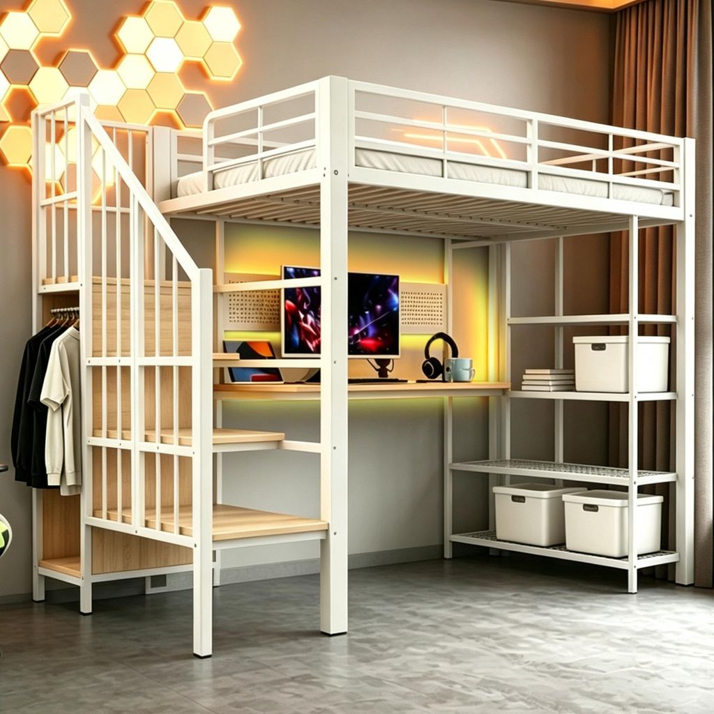 Flieks Etagenbett 90x200cm mit Led, Hochbett mit Schreibtisch und Ladefunktion, Kinderbett Jugendbett mit Regal und Kleiderstange, Metallbett Weiß