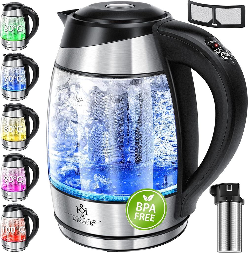 KESSER Wasserkocher 1,8L Glas & Edelstahl, LED-Farbbeleuchtung, Temperaturwahl 60–100°C, Warmhaltefunktion, Teesieb, BPA-frei, Kalkfilter
