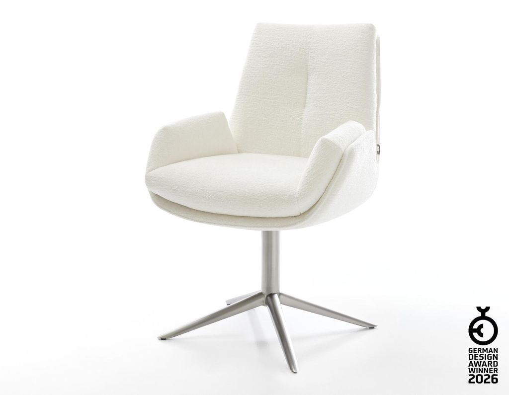 DELIFE Drehstuhl Clea-Flex Bouclé Soft Beige Fußkreuz Edelstahl 360° drehbar Wippfunktion