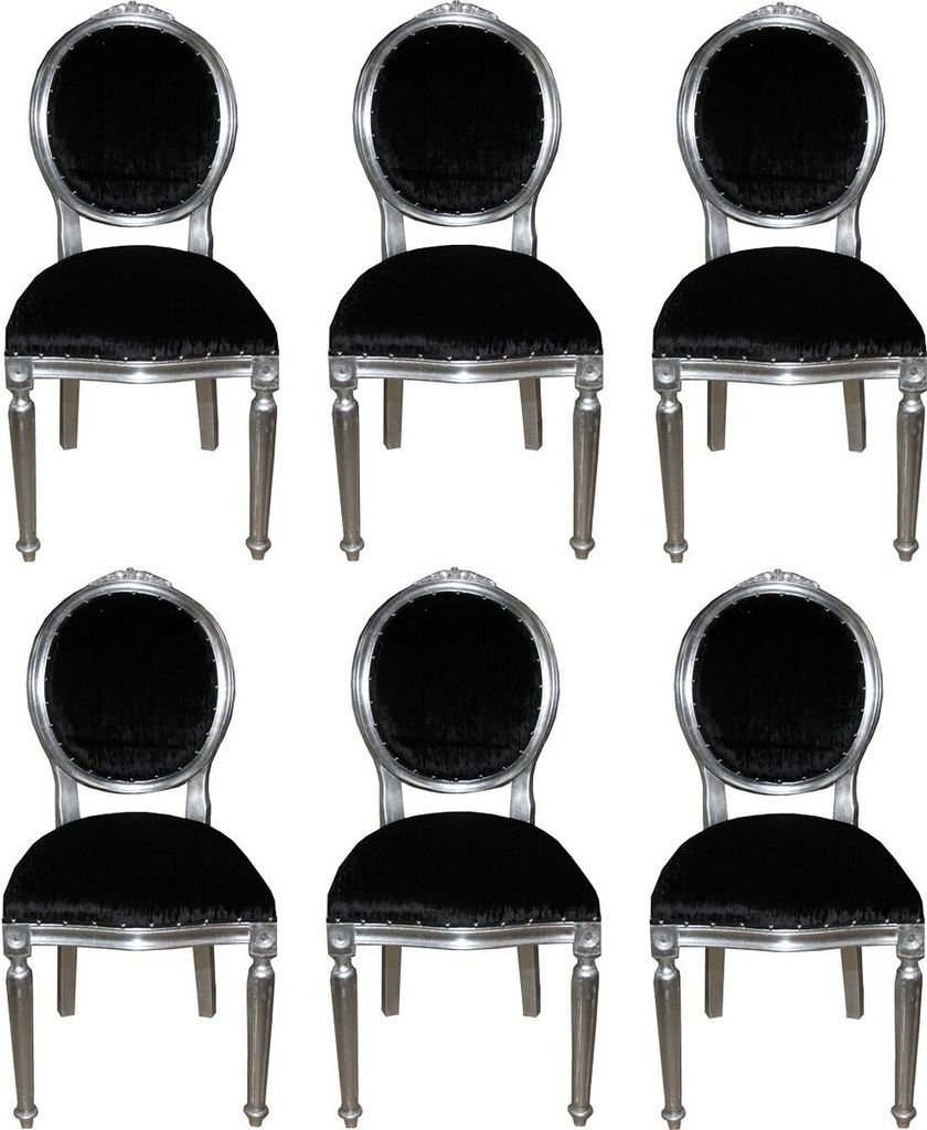 Casa Padrino Luxus Barock Esszimmer Set Medaillon Schwarz / Silber 50 x 52 x H. 99 cm - 6 handgefertigte Esszimmerstühle - Barock Esszimmermöbel