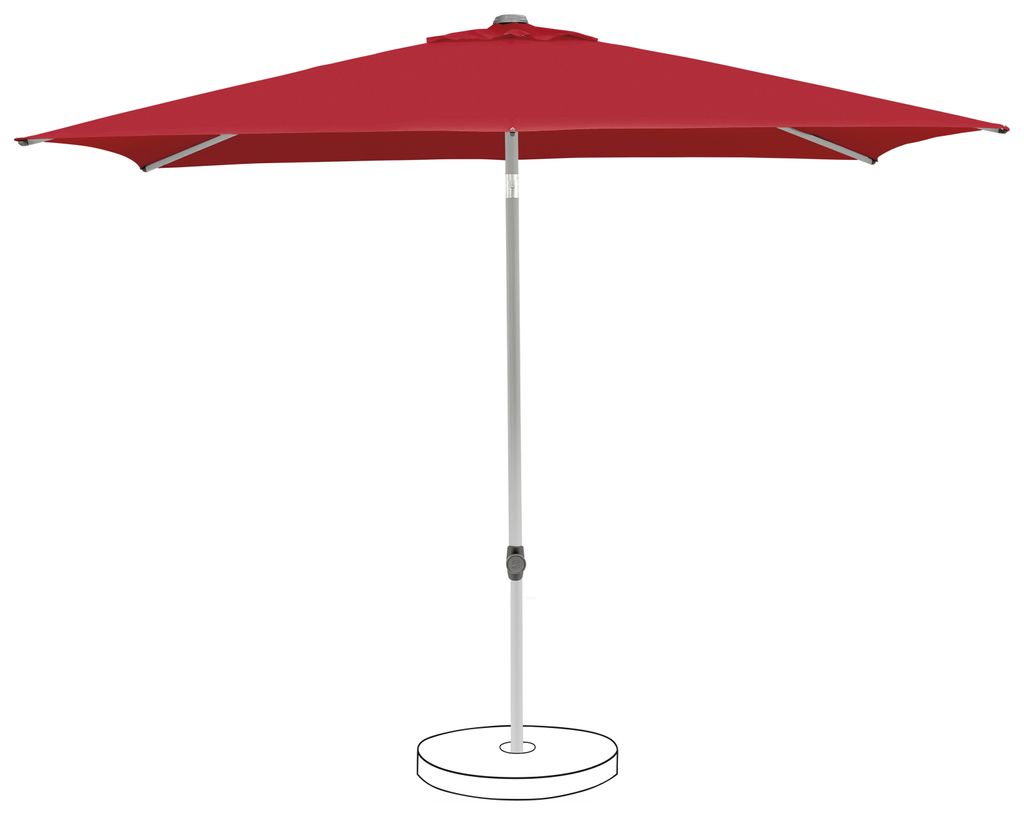 A red rectangular patio umbrella with a silver pole and a white base, isolated on a white background.