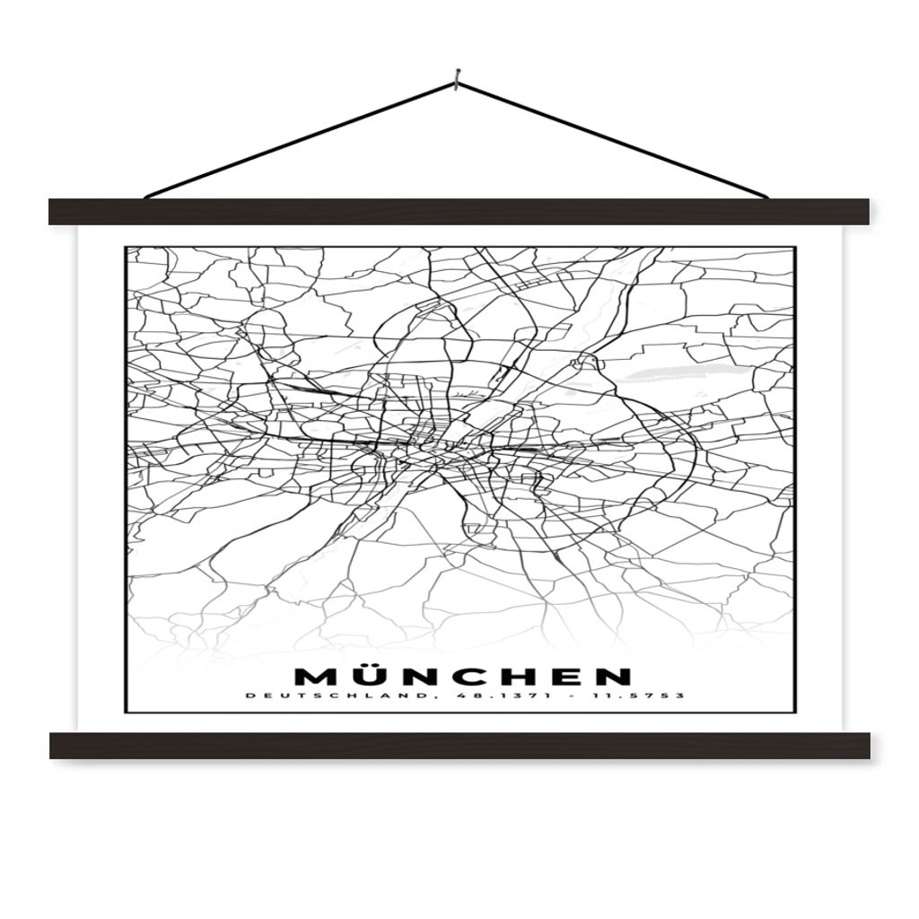 MuchoWow Textilposter München - Karte - Stadtplan 120x80 cm mit schwarzem Rahmen - Wanddeko
