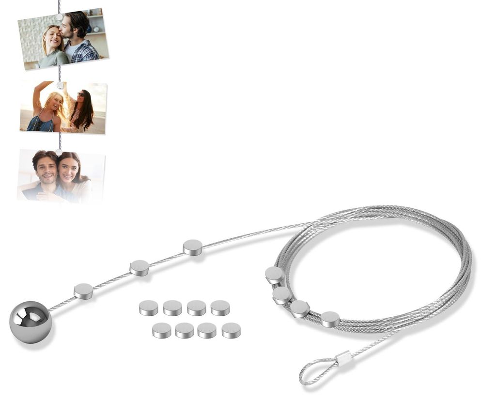 Fotoschnur, Fotodraht, 1 Stück, zum Aufhängen von Fotos, Fotoschnur mit 15 Magneten und Clips, 250 cm x 1,5 mm, Fotokette, Fotoschnur mit Clips z...