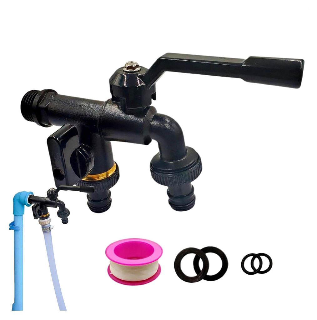 Garten-Doppelauslass-Wasserhahn – 1,27 cm Einlass-Messing-Wasserhahn mit zwei Ausgängen, frostsicherer Außenhahn, robuster Wasserhahn, Wassersc...