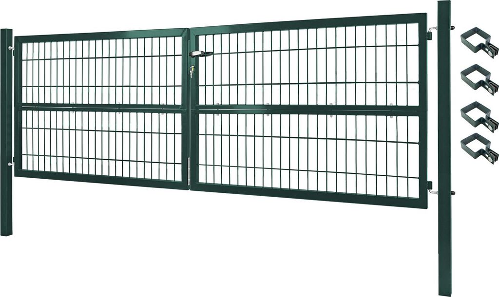 Gartentor Tor Gartenzaun Zaun 300x100 cm Doppelflügelig Gartentür aus Metall für Stabmattenzaun Abschließbar inkl. Pfosten Grün V2Aox