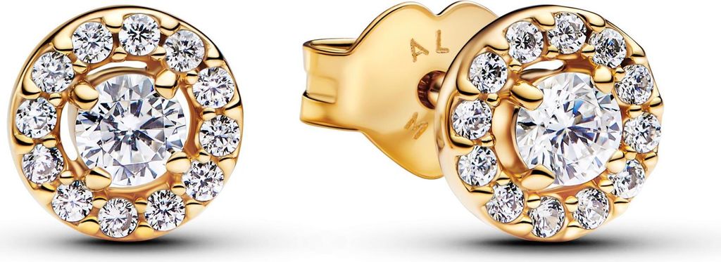 A pair of gold stud earrings with clear stones, shown against a white background.