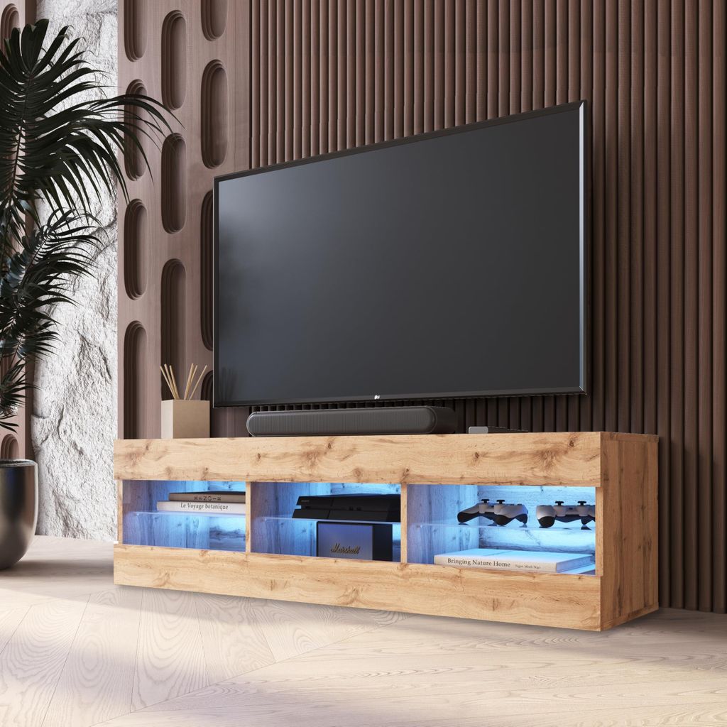 Komodee TV Schrank Tivoli, Wotan/Wotan, Breite 140cm x Höhe 40,5cm x Tiefe 35,5cm, LED Blau, für Wohnzimmer, Schlafzimmer