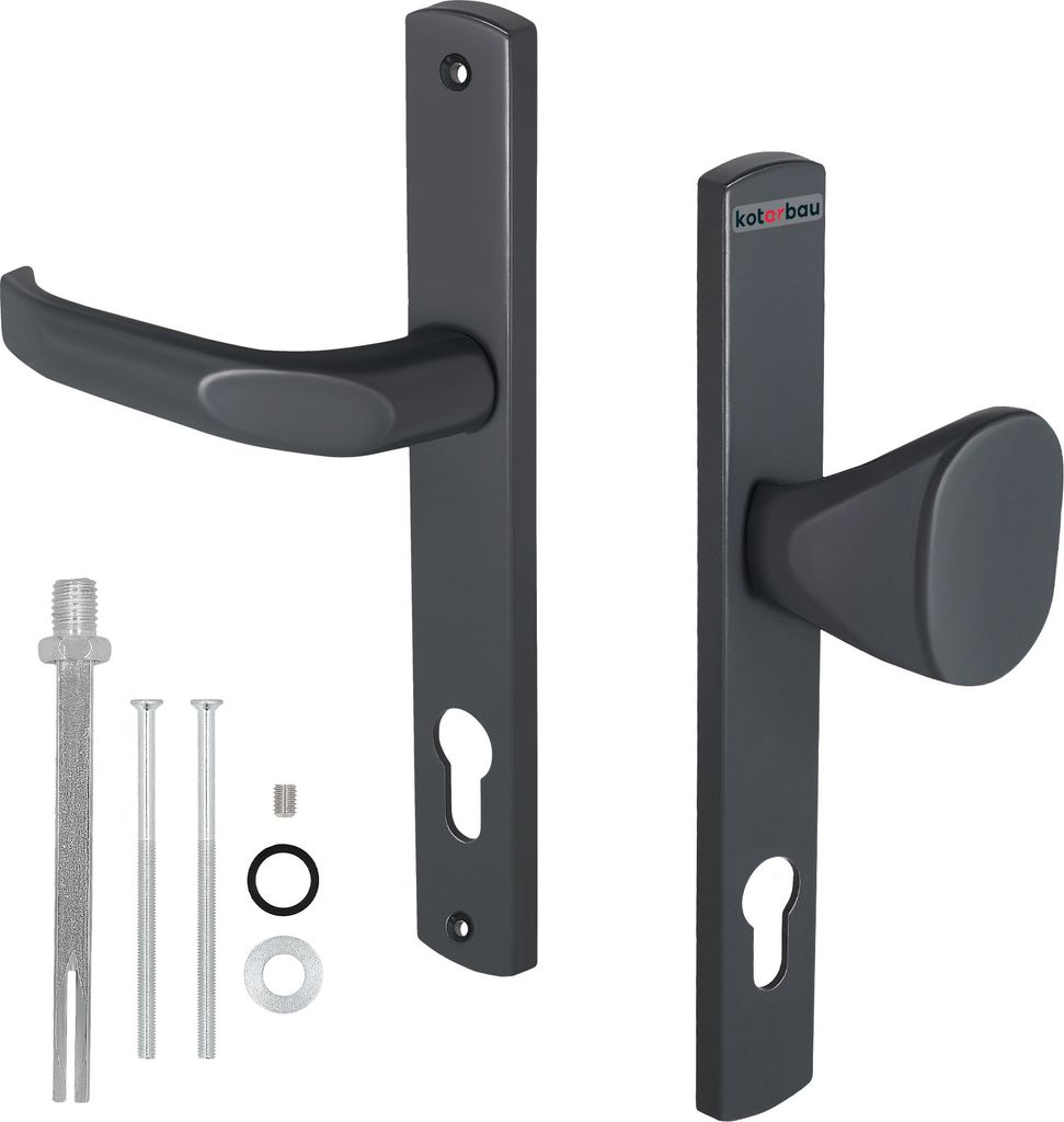 Two door handles with escutcheons and mounting hardware are displayed against a white background.