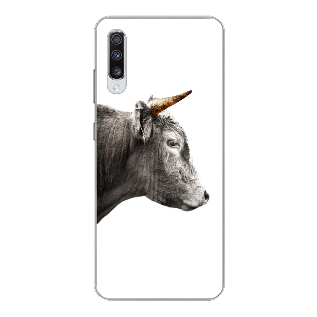MuchoWow Handyhülle Schutzhülle Hülle für Samsung Galaxy A70 Schottischer Highlander - Horn - Gold Silikon Softcase Handy Hülle - Schutzhaube