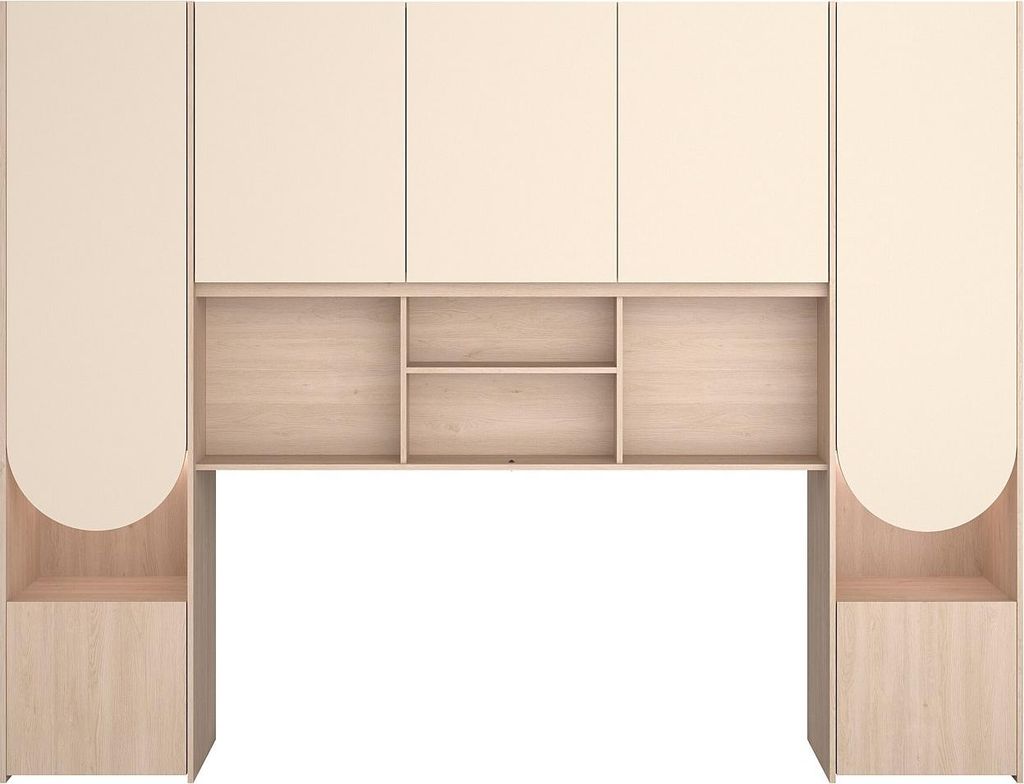 Bettkopfteil mit Kommode - Mit LED-Beleuchtung - Breite 266 cm - Beige und Natur - DOMELITO