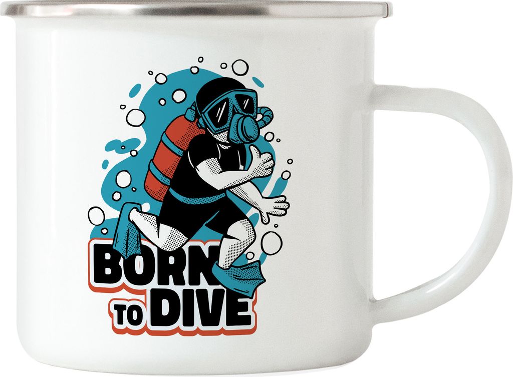 Born To Dive Emaille Tasse Fische Tauchen Meer Gewässer Ozean Wasser Schwimmen Taucher Neoprenanzug Taucherbrille