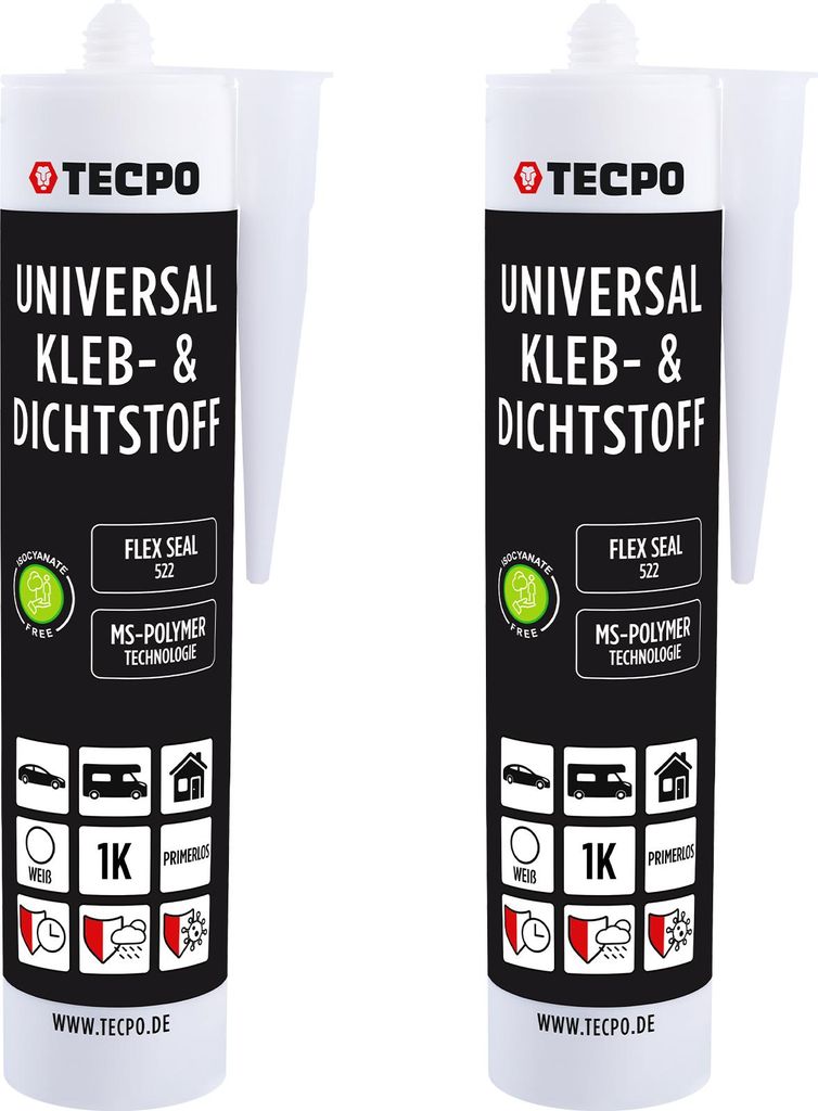 TECPO Universal Kleb- und Dichtstoff SMP Hybrid, 2x 480g Weiß Flex Seal 522 elastisch, silikonfrei, lösemittelfrei- KFZ Bau Industrie Innen und A...