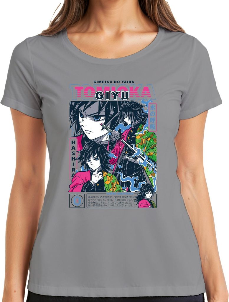 Giyu Tomioka Kimetsu no Yaiba Water Breathing Schwert Hashira Damen T-Shirt, Grau, S