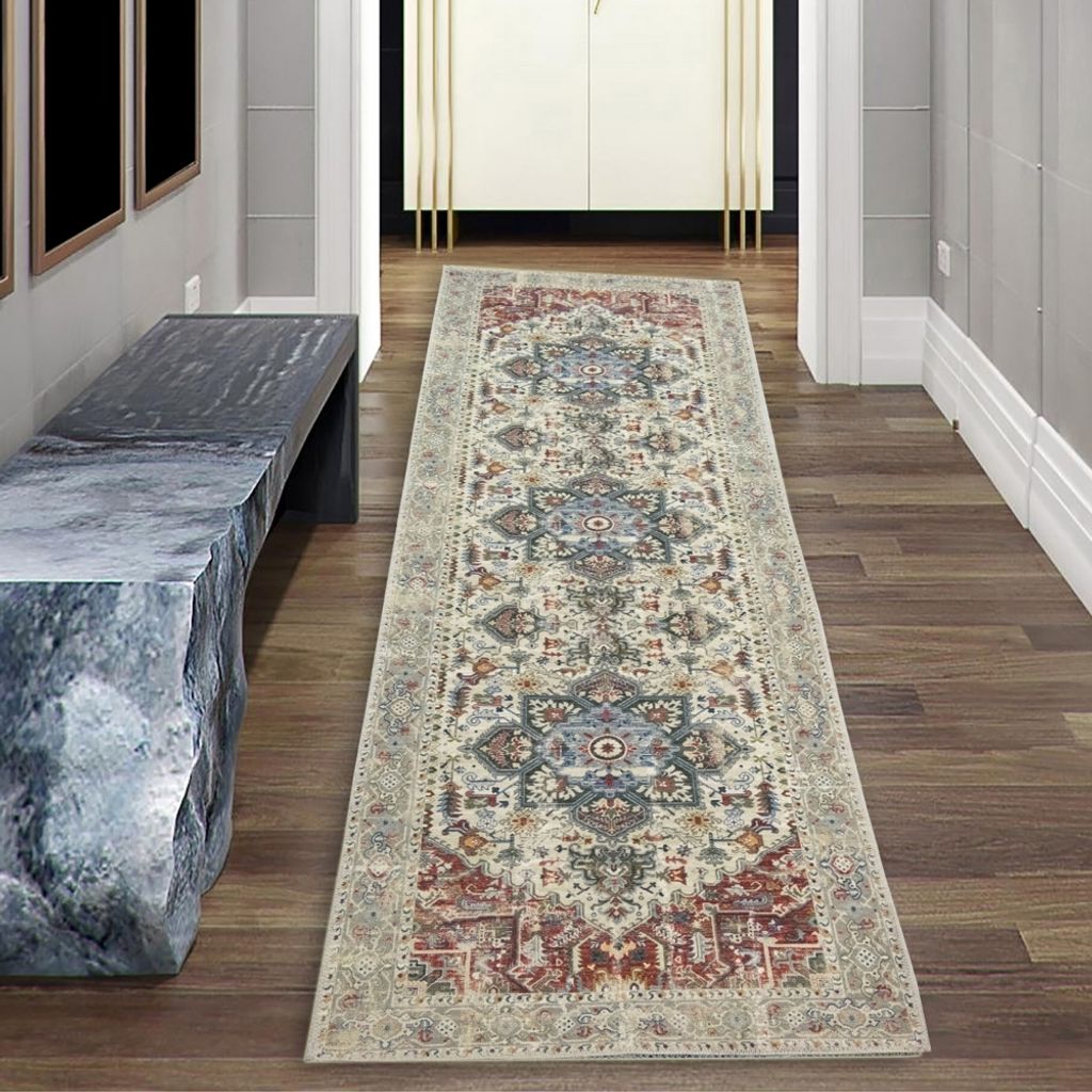 Modern klassischer Teppich mit orientalischen Verzierungen & Ornamenten in creme rot orange Größe - 80 x 150 cm