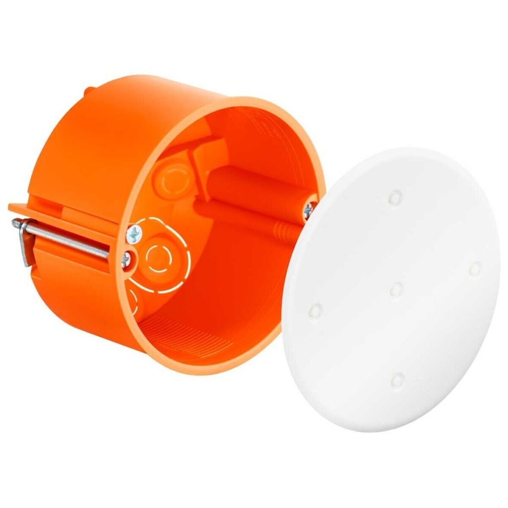 An orange electrical junction box with a white lid, shown from a diagonal angle.