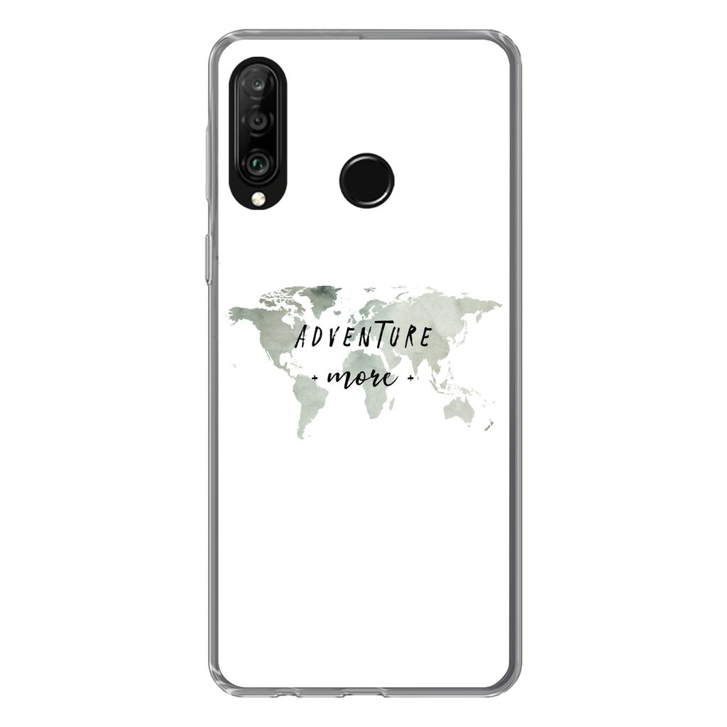 MuchoWow Handyhülle Schutzhülle Hülle für Huawei P30 Lite Weltkarte - Grau - Zitate Silikon Softcase Handy Hülle - Handyhülle