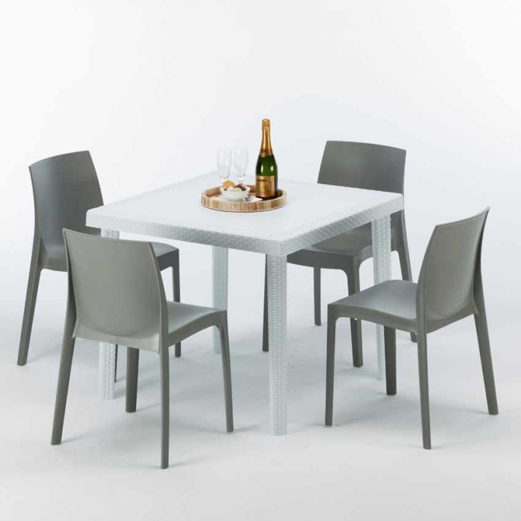 Weiß Quadratisch Tisch und 4 Stühle Farbiges Polypropylen-Außenmastenset Grand Soleil Rome Love - Grau