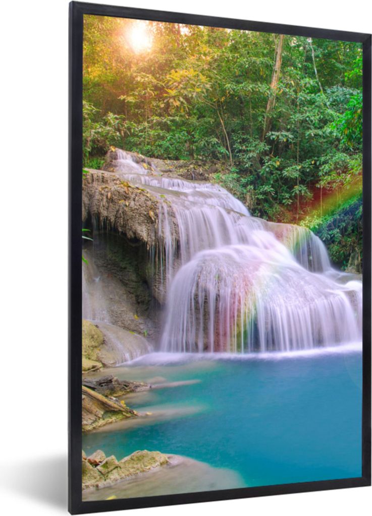 MuchoWow Gerahmtes Poster Regenbogen - Sonne - Wasserfall - Natur 40x60 cm - Poster mit Schwarzem Bilderrahmen Wandposter Rahmen Foto Bilder - Pa...