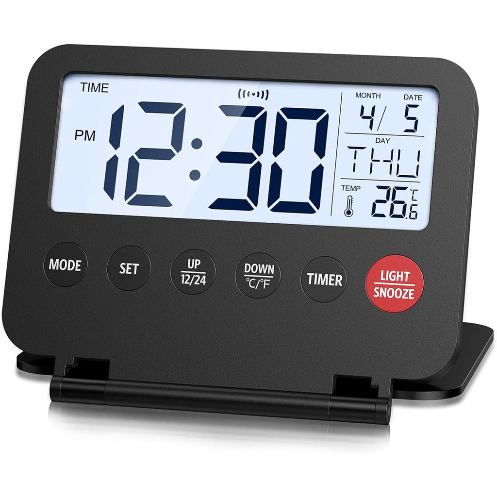 Faltbarer Digitaler Reisewecker mit Kalender, Temperaturanzeige, Schlummerfunktion, LCD-Uhr, 12/24 Std., batteriebetrieben,Schwarz