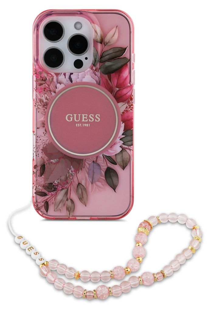 A pink floral iPhone case with a beaded strap and a pop socket.