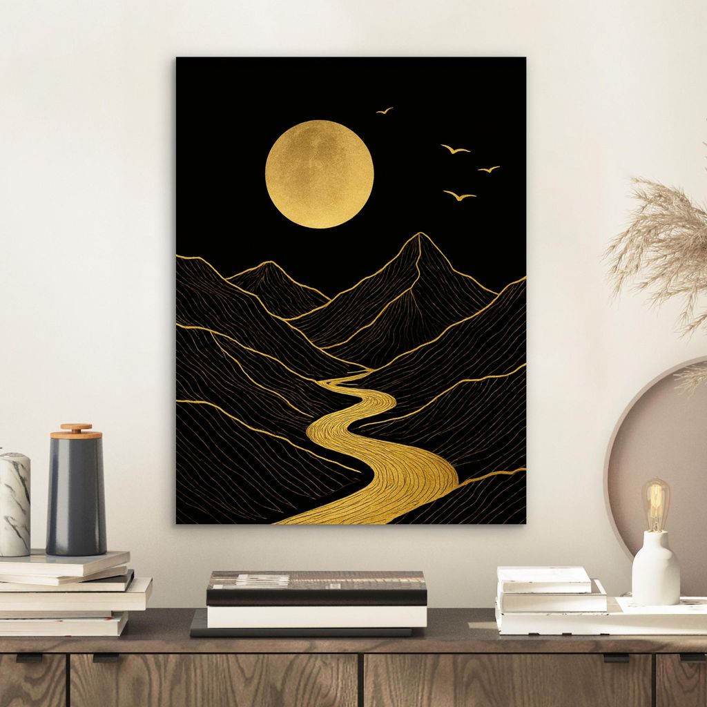 MuchoWow Wanddekoration Metall Metallbild Wandkunst 30x40 cm Fluss - Gold - Mond - Vögel MuchoWow Aluminium Gemälde - Bilder