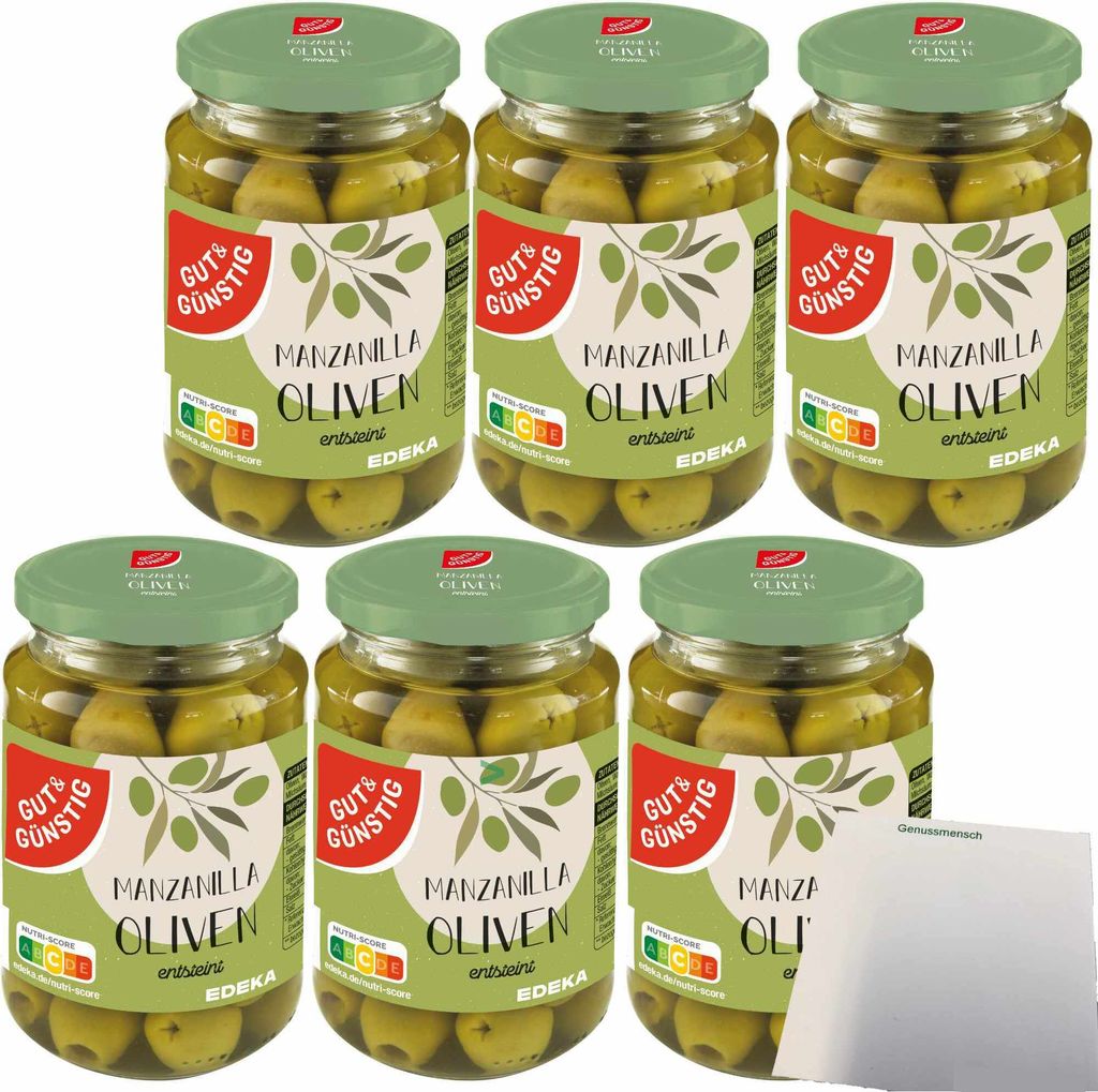 Gut & Günstig Manzanilla Oliven grün entsteint 6er Pack (6x340g Glas) + usy Block