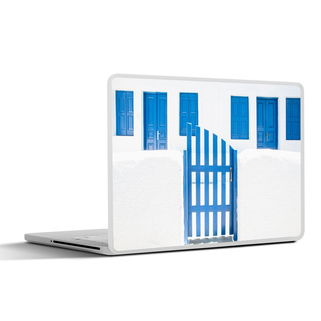 MuchoWow Laptop Aufkleber Sticker Cover Architektur - Zaun - Weiß - Blau - Türen 30x22 cm - Laptop-Sticker