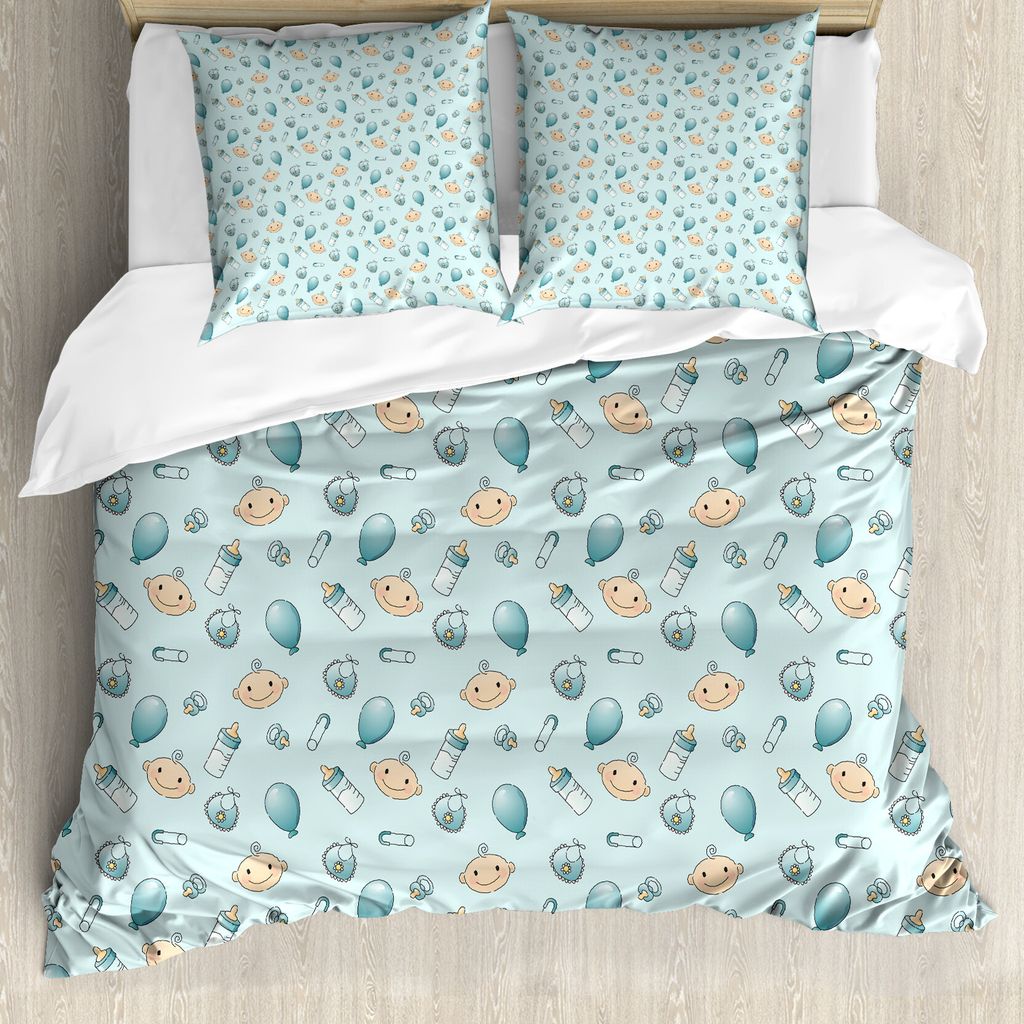 ABAKUHAUS Baby Bettbezug, Infant Elements Pattern, Milbensicher Allergiker geeignet mit Kissenbezügen, 200 cm x 200 cm - 80 x 80 cm, Baby Blue Tur...