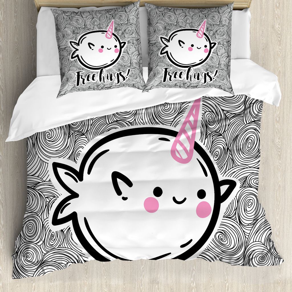ABAKUHAUS Narwal Bettbezug, Abstrakt Wal Motiv, Milbensicher Allergiker geeignet mit Kissenbezügen, 155 cm x 220 cm - 80 x 80 cm, Rosa-Schwarz-Weiß