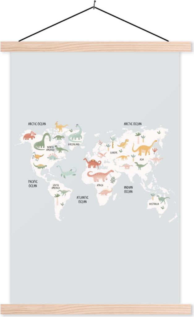 MuchoWow Textilposter Weltkarte - Kind - Dino 60x90 cm mit holzfarbenen Rahmen - Textil