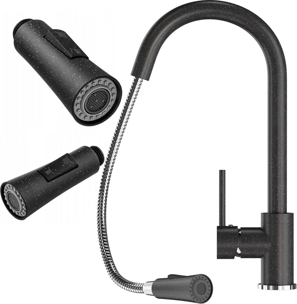 A black kitchen faucet with a pull-out spray head and a flexible hose is shown against a white background. Two additional spray heads are displayed separately.