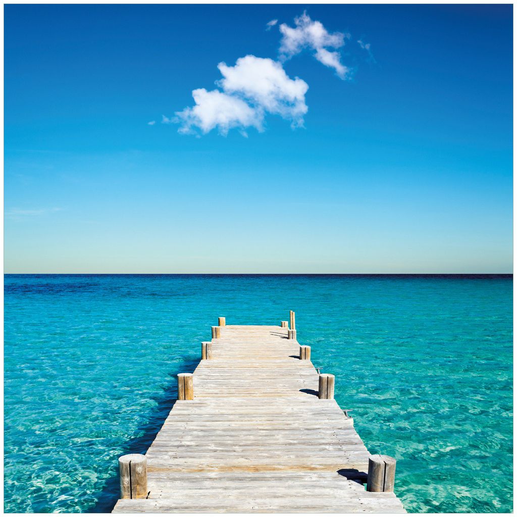 Wallario Wandbild aus Acryl, 50 x 50 cm, freischwebende Optik - Steg am tropischen Meer
