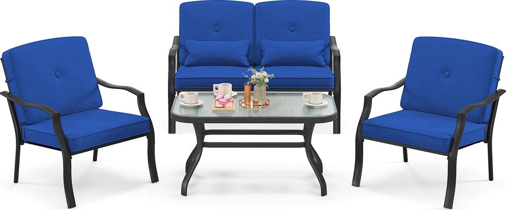 A patio furniture set with a loveseat, two chairs, and a coffee table, all with blue cushions, displayed on a white background.