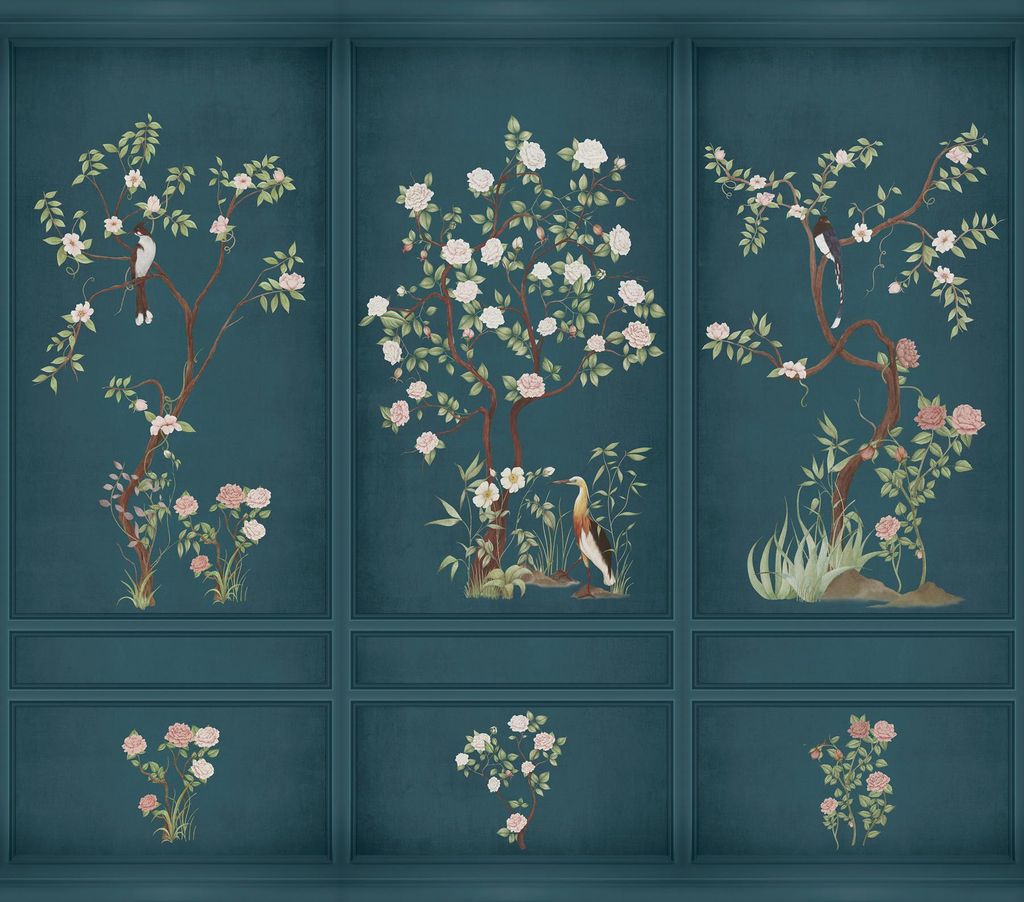 Sanders & Sanders Fototapete Blumen und Vögel Petrolblau 318 x 280 cm
