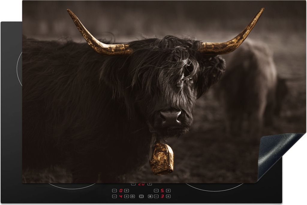 KitchenYeah Herdabdeckplatte Scottish Highlander - Tier - Schwarz und weiß , 80x52cm, Küche Deko, Glaskeramikfeld Herdabdeckung, Abdeckplatte f...